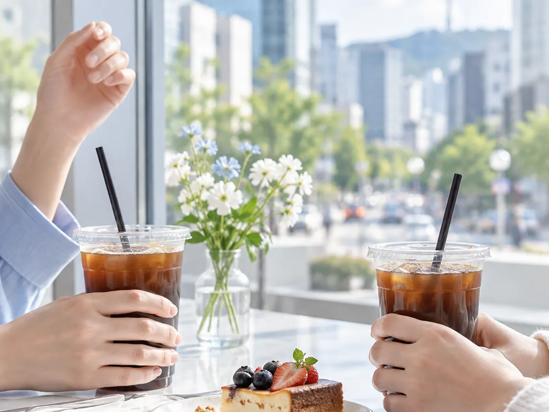 창가 자리에서 아이스 아메리카노를 들고 마주 앉은 두 사람의 손